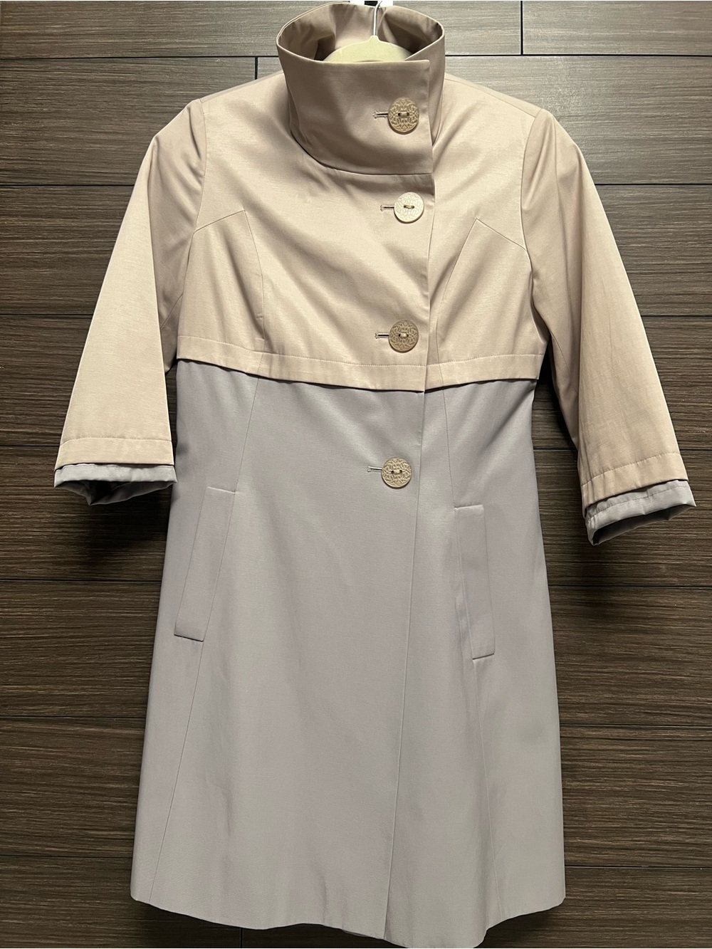 Tahari Tan/Gray Colorblock Mid-Length Funnel Neck Topper Coat Jacket Size XS